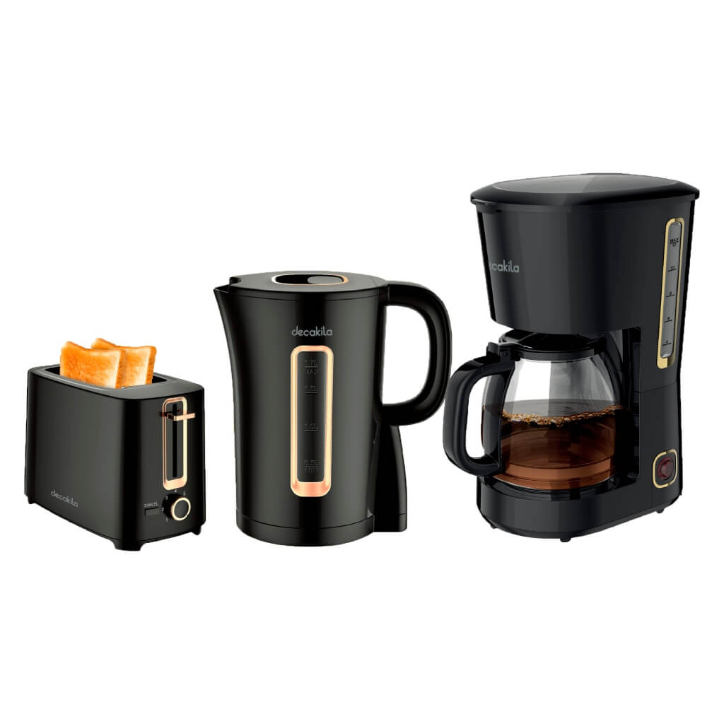 SET 3PCS COFFEEMAKER-TOSTADORA-TETERA KUCF005B Decakila en negro, incluye cafetera, tostadora y tetera de 1.7L.