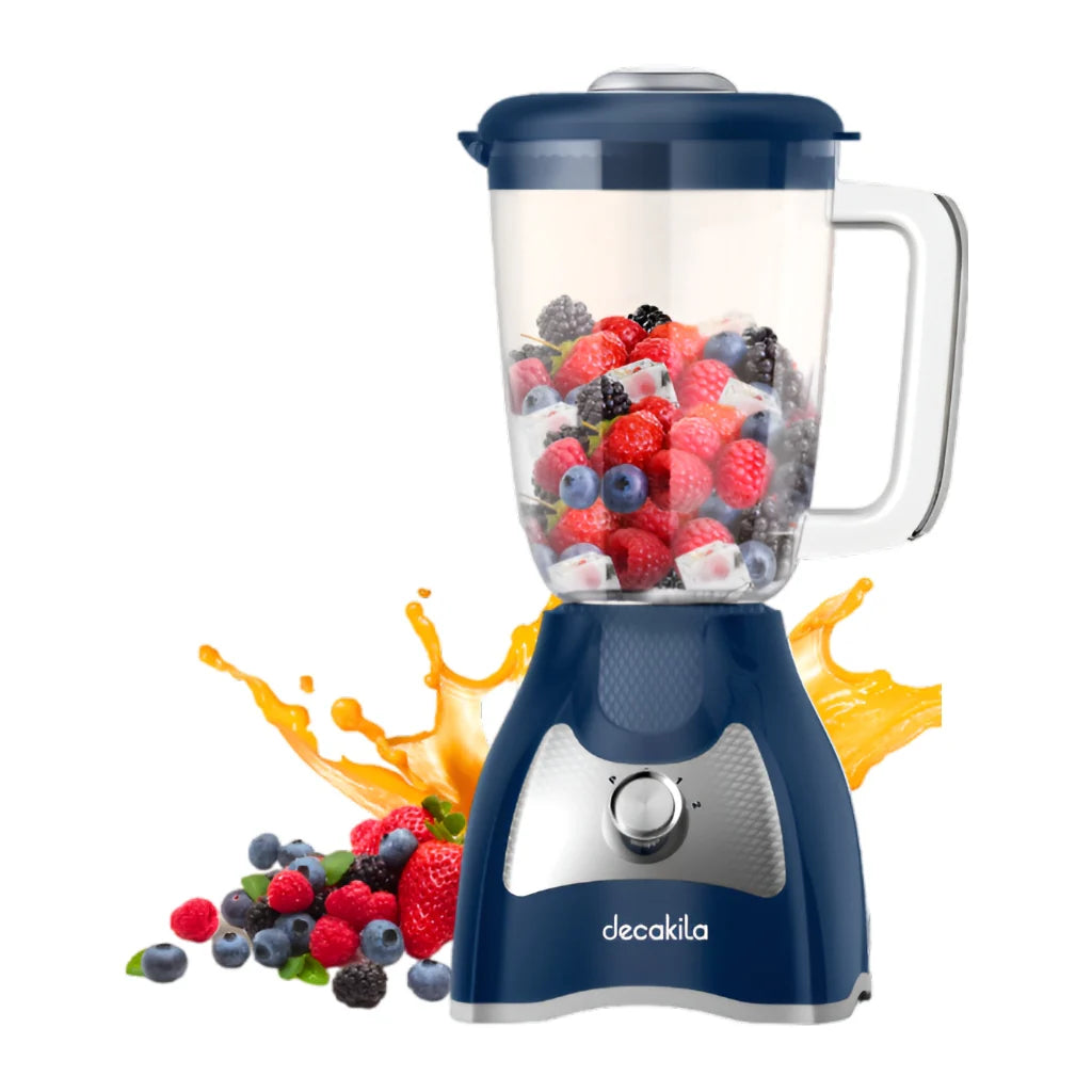LICUADORA 1.5L 650W KUJB045L KUJB045B Decakila en azul con frutas y salpicadura de jugo