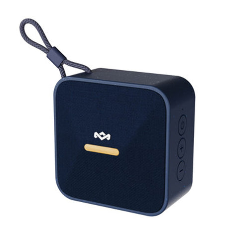 Altavoz Bluetooth portátil resistente azul con diseño moderno y compacto, ideal para exteriores y uso diario.
