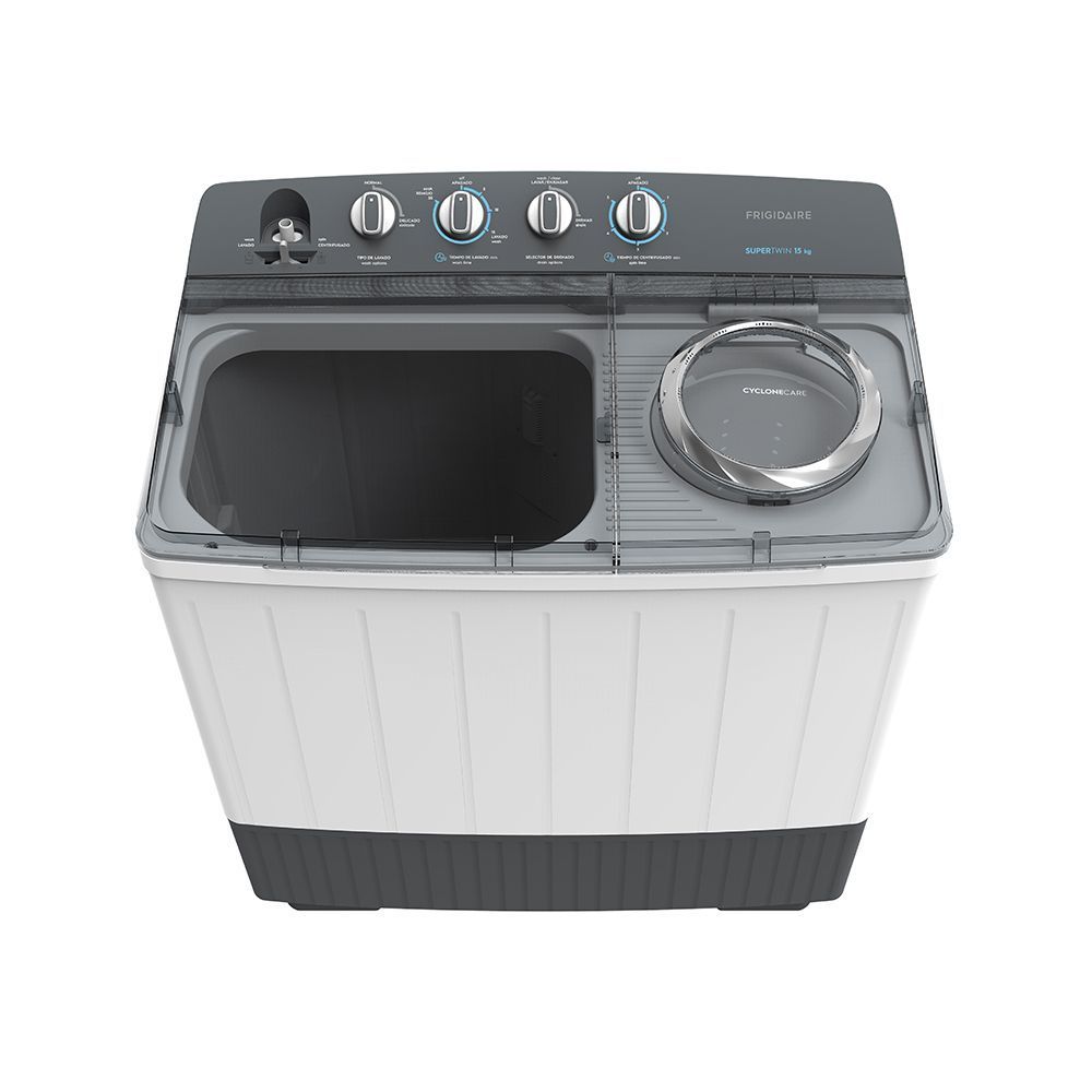 Frigidaire Lavadora Semiautomática 15Kg/ 8Kg Fwtm15M3Butw vista superior doble tina controles y tapa transparente