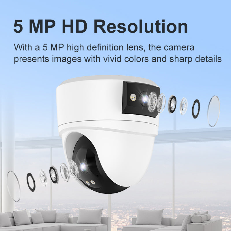 Cámara IP WiFi 5MP 360° visión nocturna con resolución HD de 5 MP y lente de alta definición.