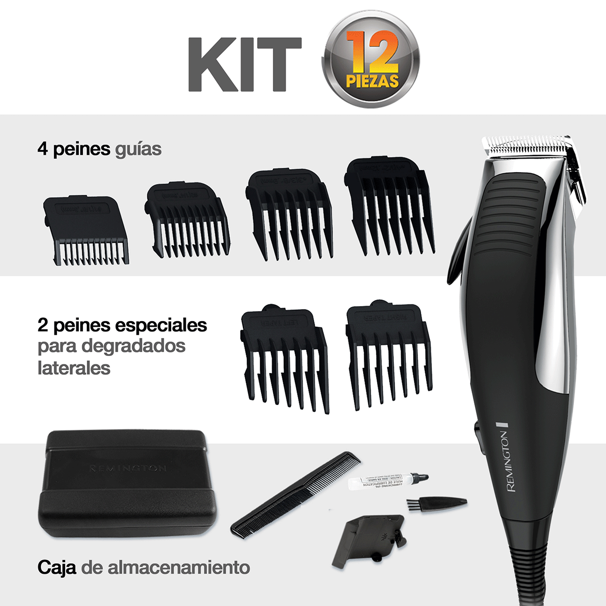 Remington Kit Cortadora De Cabello 12 Piezas Cromada Hc1080A-110F imagen del kit con 12 piezas peines cuchillas y caja de almacenamiento