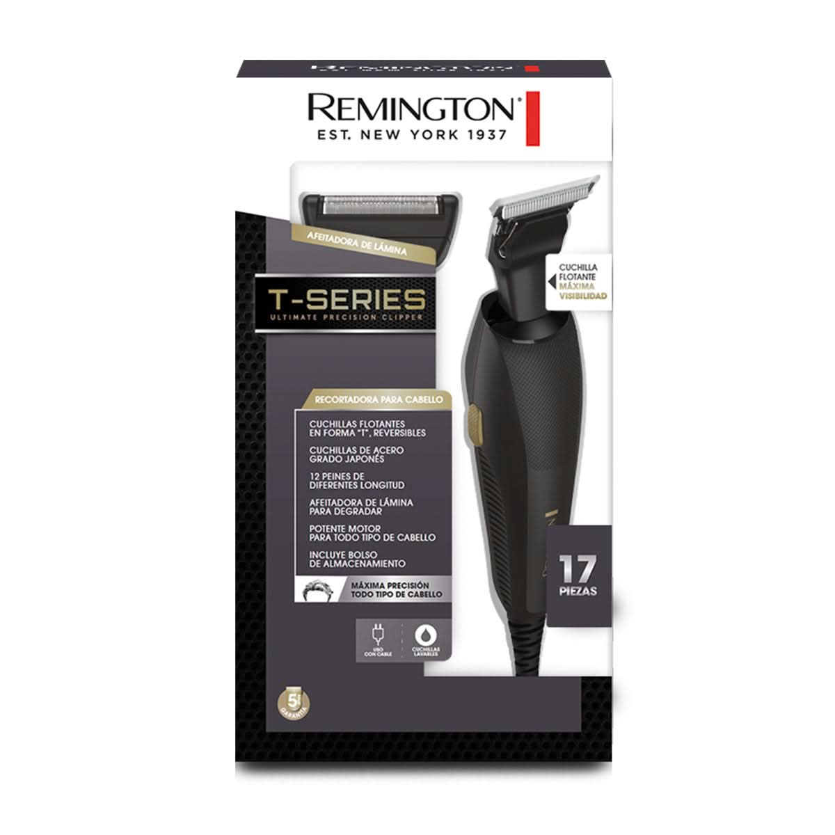 Cortadora De Cabello Remington 930848 -Hc12A (110) F en caja T-Series con 17 piezas y cuchillas en T de acero japonés