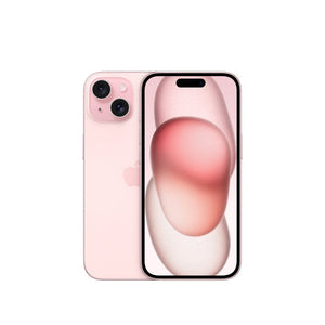 iPhone 15 128GB Rosado Apple con pantalla Super Retina XDR y cámara de 48 MP, diseño moderno y elegante visto de frente y lado.