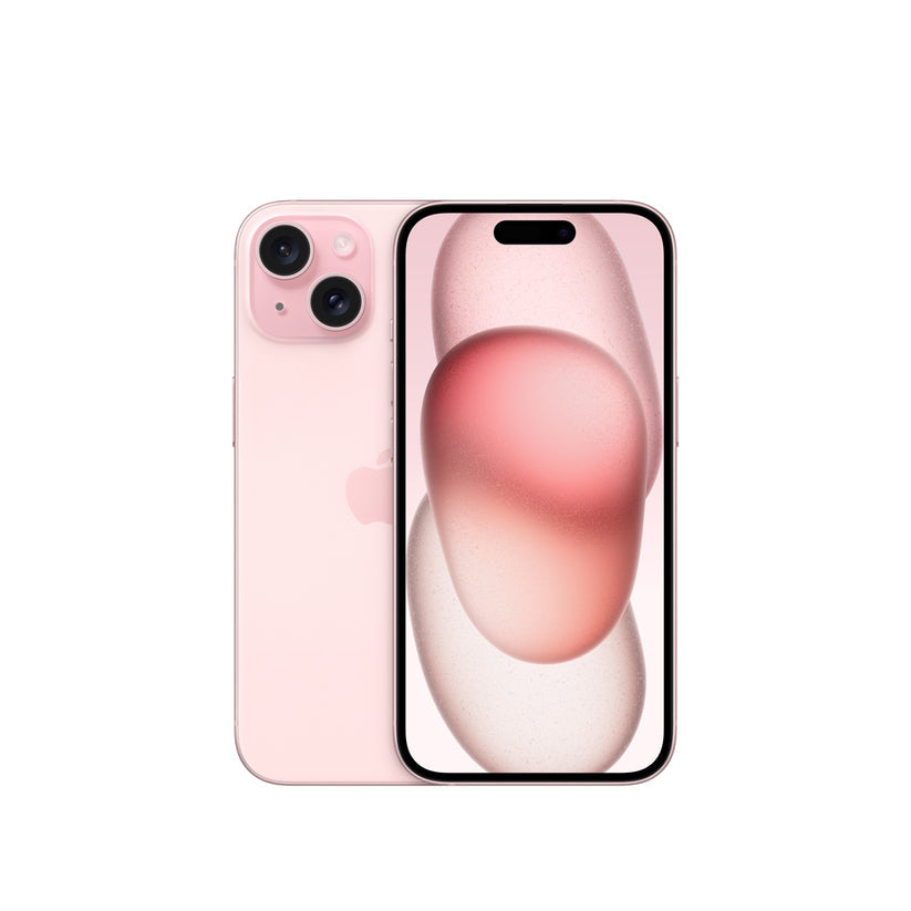 iPhone 15 128GB Rosado Apple con pantalla Super Retina XDR y cámara de 48 MP, diseño moderno y elegante visto de frente y lado.