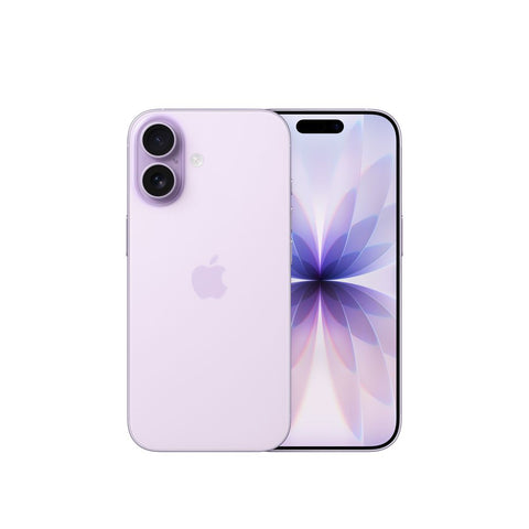 CELULAR IPHONE 17 LAVANDA (256GB) showcasing front and back design with dual camera and Super Retina XDR display.