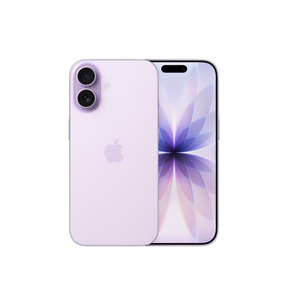 CELULAR IPHONE 17 LAVANDA (256GB) showcasing front and back design with dual camera and Super Retina XDR display.