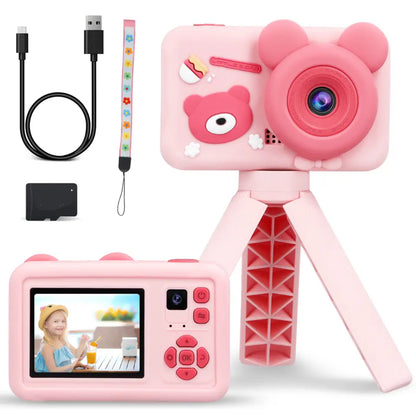 Cámara Con Pantalla De 2,0 Pulgadas Para Niños, Videocámara De 1080P Con Estuche De Dibujos Animados, Tarjeta Sd Y Tripode.