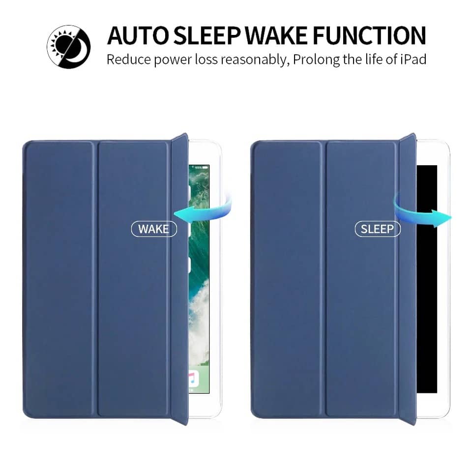 Funda Textura De Cuero Para Apple Ipad 6, 7,8,9, 10° Ultrafina, Inteligente, Con Tapa Color Negro - funda azul mostrando función auto sleep wake