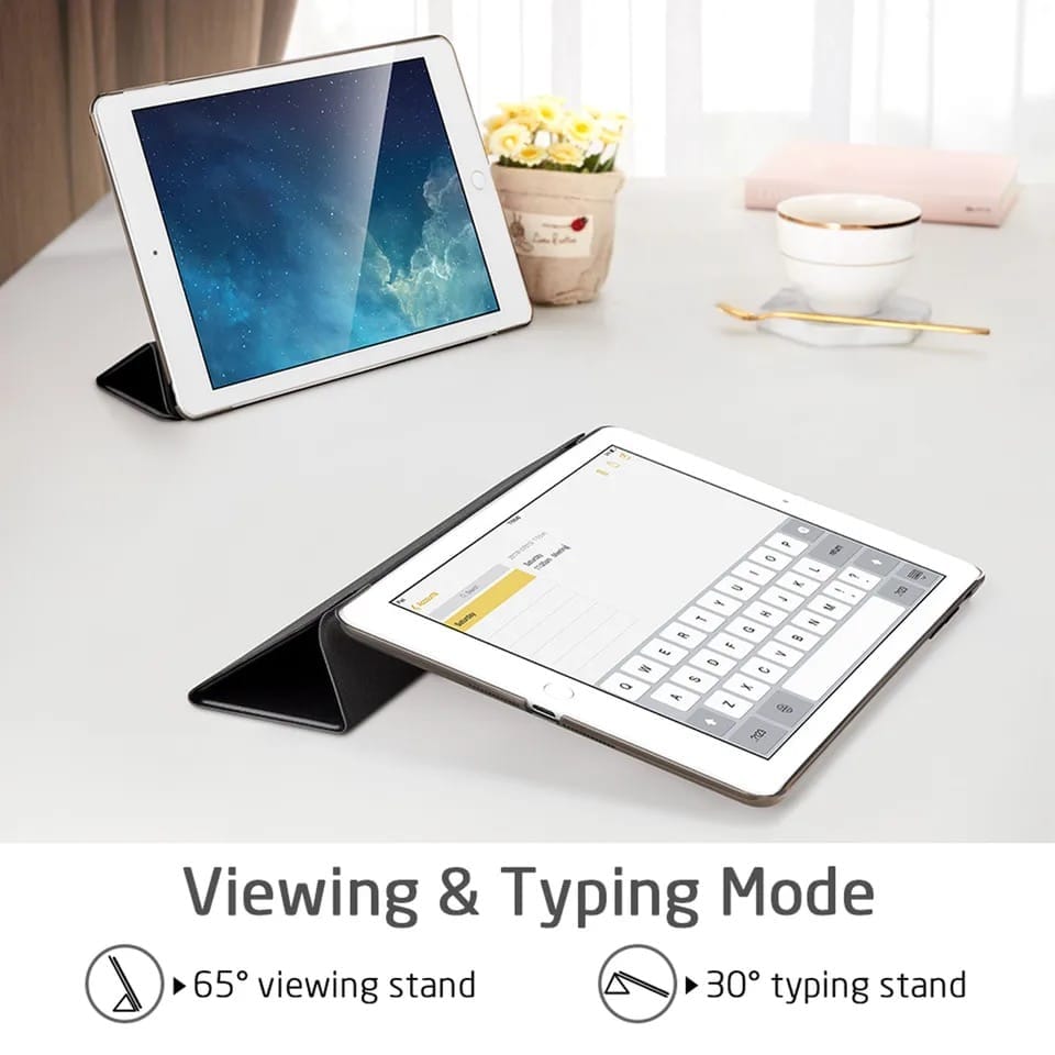 Funda Textura De Cuero Para Apple Ipad 6, 7,8,9, 10° Ultrafina, Inteligente, Con Tapa Color Negro - vista en soporte de escritura y visualización