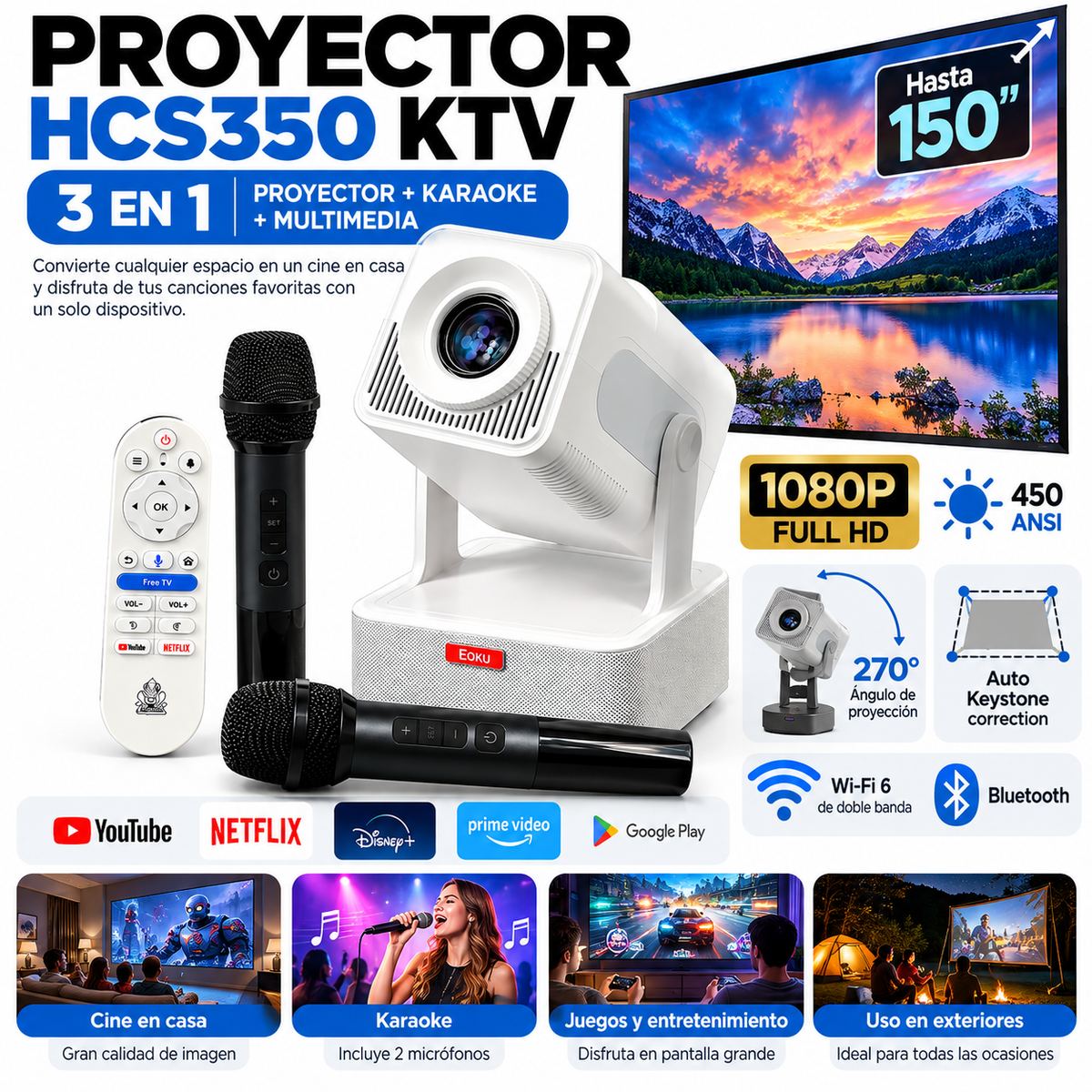 Proyector HCS350 KTV 3 en 1 Full HD 1080P con Karaoke y 2 Micrófonos