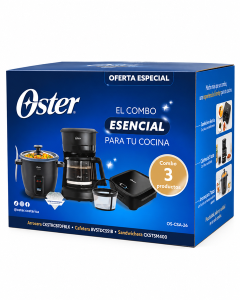 Combo Oster OS-CSA-26 Arrocera 14 Tazas + Cafetera 5 Tazas + Sandwichera