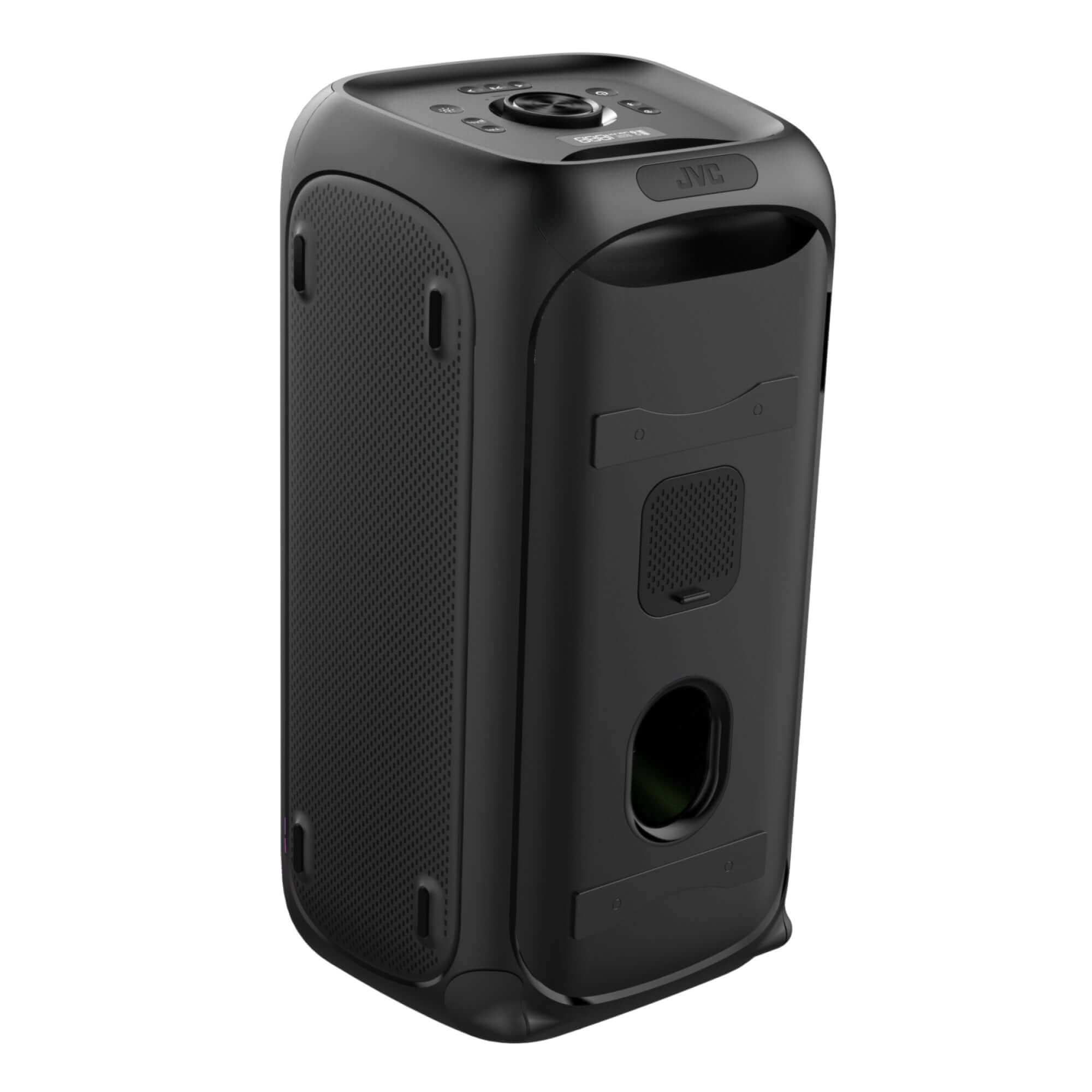 torre de sonido JVC 150W vista lateral, diseño moderno y compacto, ideal para disfrutar de tu música favorita.