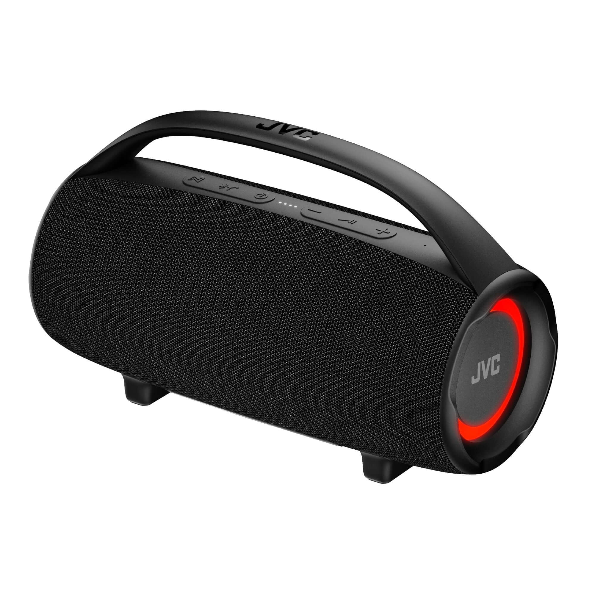 Parlante bluetooth portátil JVC 80W, diseño dinámico y potente para disfrutar de alta fidelidad en cualquier lugar.