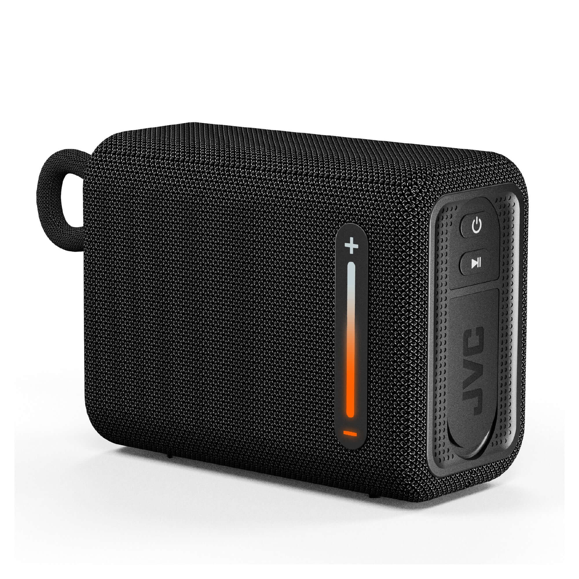 Altavoz bluetooth 5W resistente al agua JVC con luz ambiental y diseño compacto.