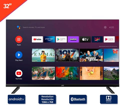 televisor JVC 32 pulgadas Android TV con resolución 1366x768 y funciones de Bluetooth y aplicaciones.