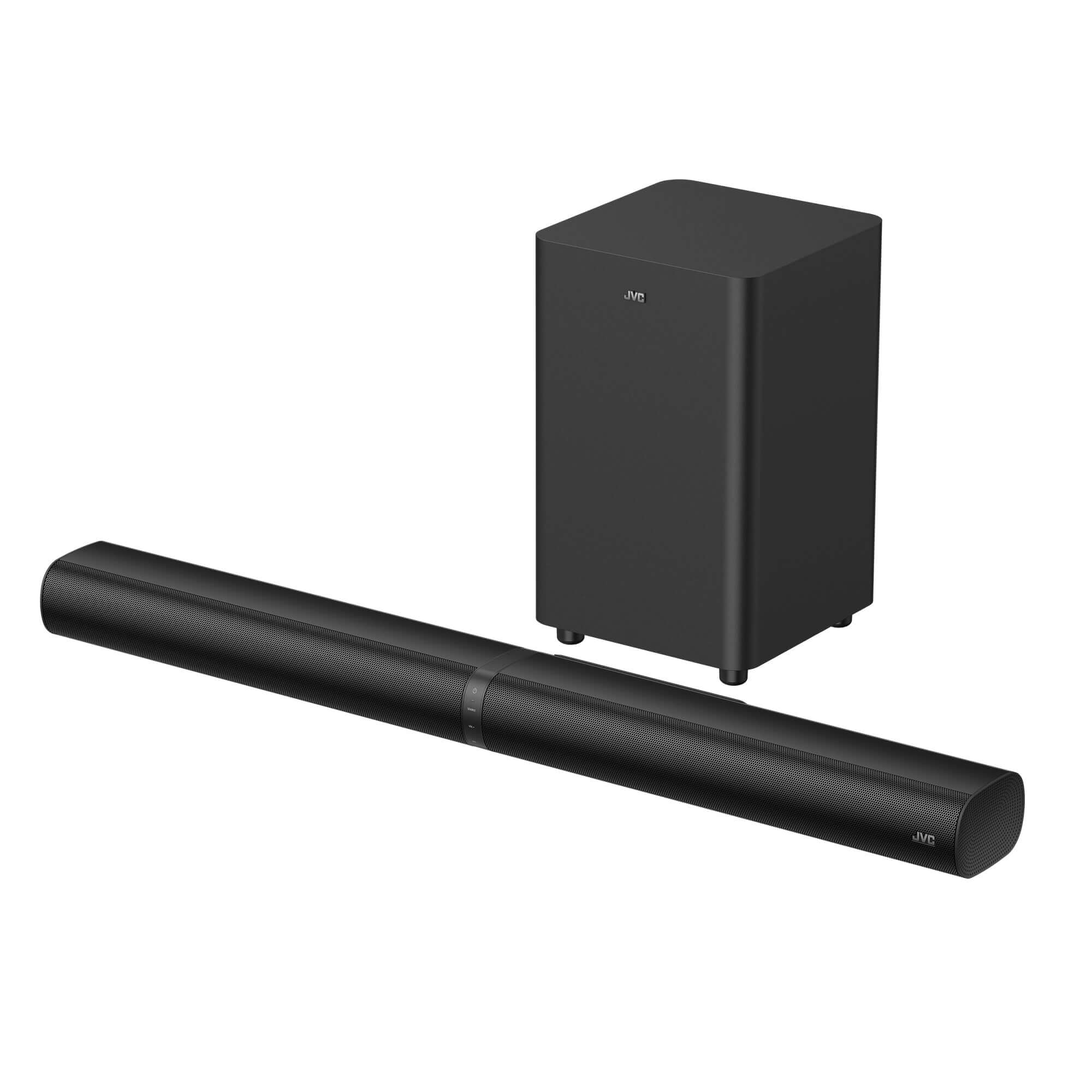 barra de sonido JVC 120W con subwoofer inalámbrico, diseño elegante y potente rendimiento de audio.