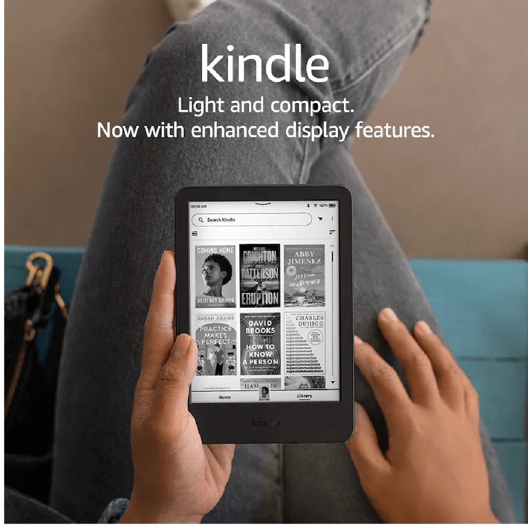 Amazon - Kindle (16 GB) - 2024 - negra handheld displaying grayscale book covers, 6-inch lightweight compact e-reader