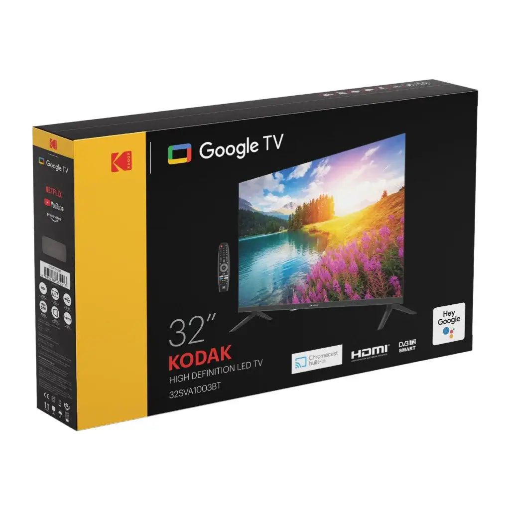 Caja del televisor Kodak 32" HD Google TV con diseño moderno y elegante.