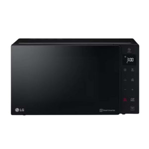 Microondas LG Smart Inverter 0.9, elegante microondas negro con tecnología avanzada para cocción uniforme.