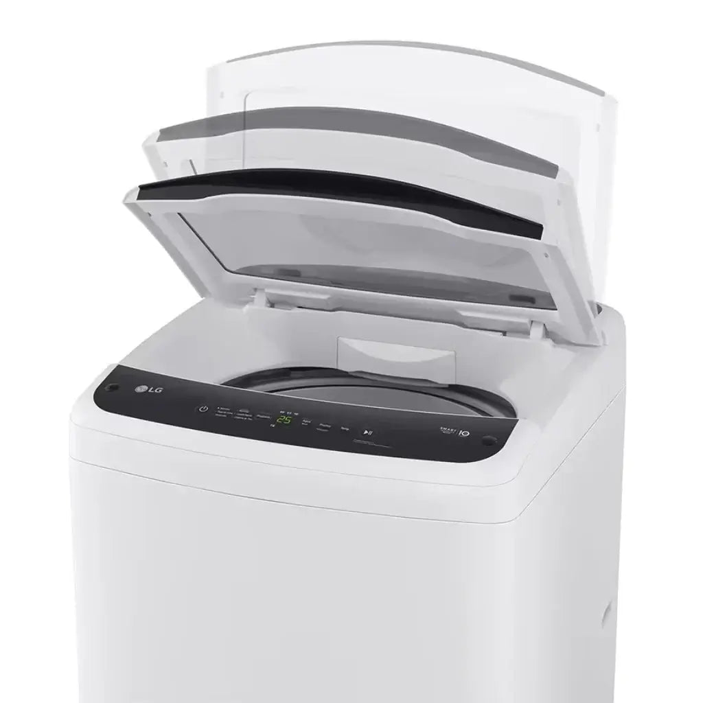 Lavadora automática 16 kg LG WT16WVTM con tapa abierta, mostrando el panel de control y tambor.