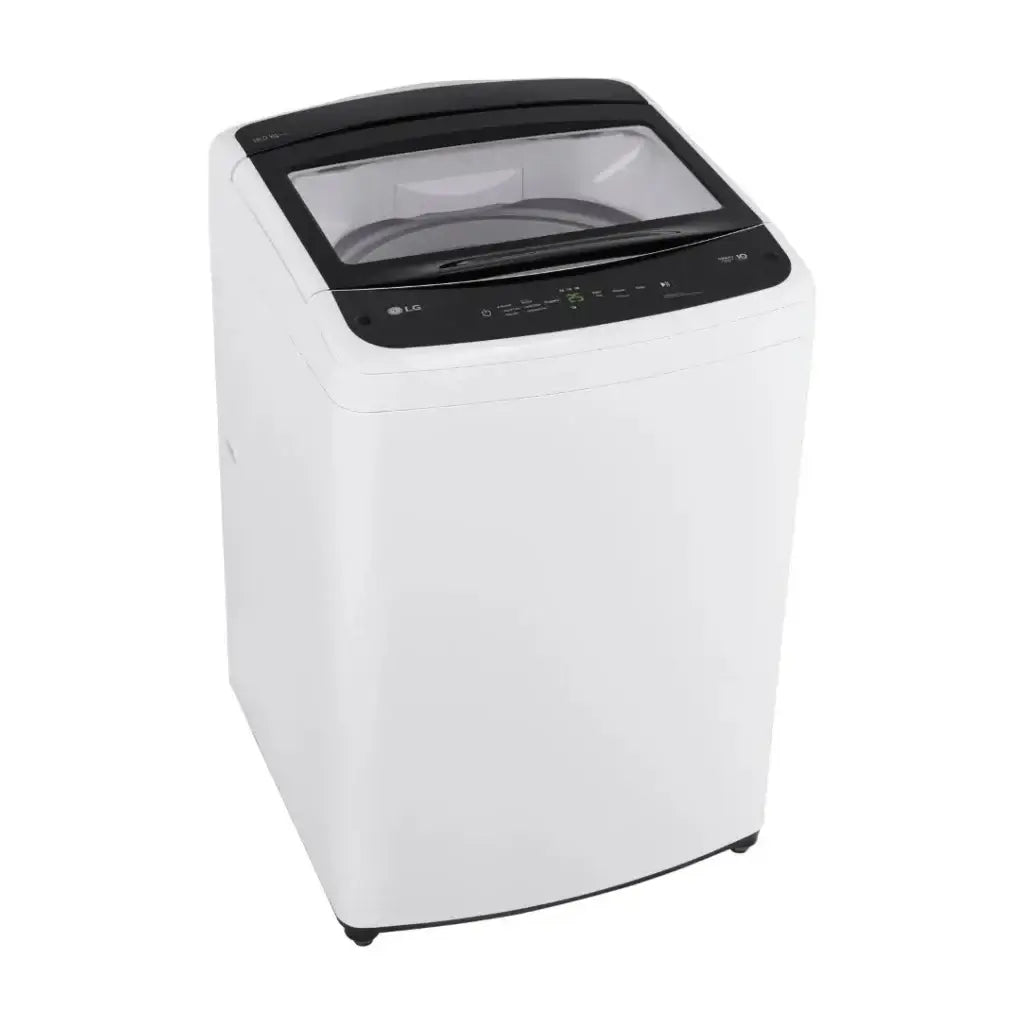 Lavadora LG 18 kg carga superior blanca con tapa transparente y panel de control