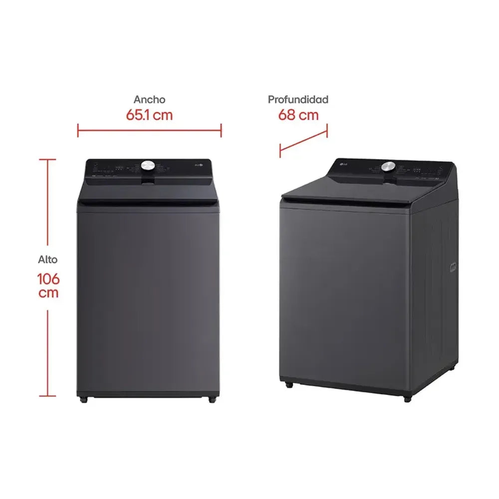 LG Lavadora Carga superior 23 kg color Gris WT23EGTX6 con medidas 106 cm de alto x 65.1 cm de ancho x 68 cm de profundidad.