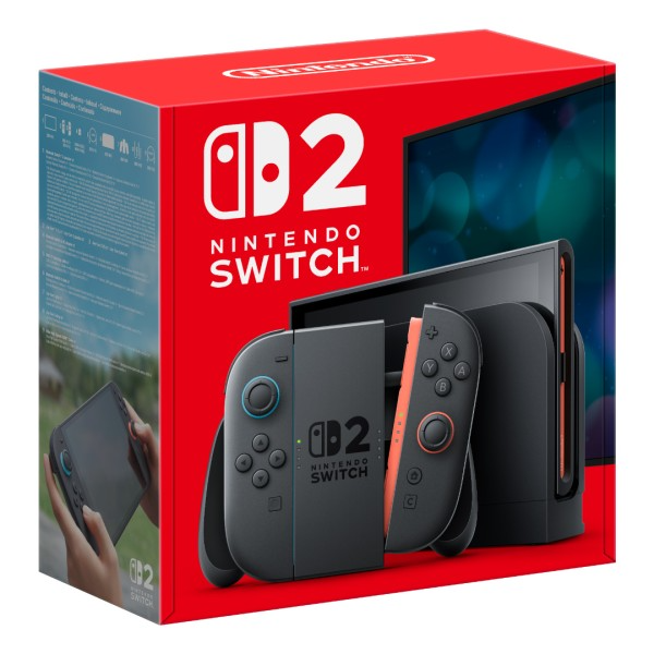 Caja de la NINTENDO SWITCH 2 NEGRO con consola y controles, destacada pantalla LCD HDR