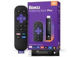 ADAPTADOR ROKU STREAMING STICK PLUS con control remoto y empaque, compatible con 4K Ultra HD y HDR para televisores.