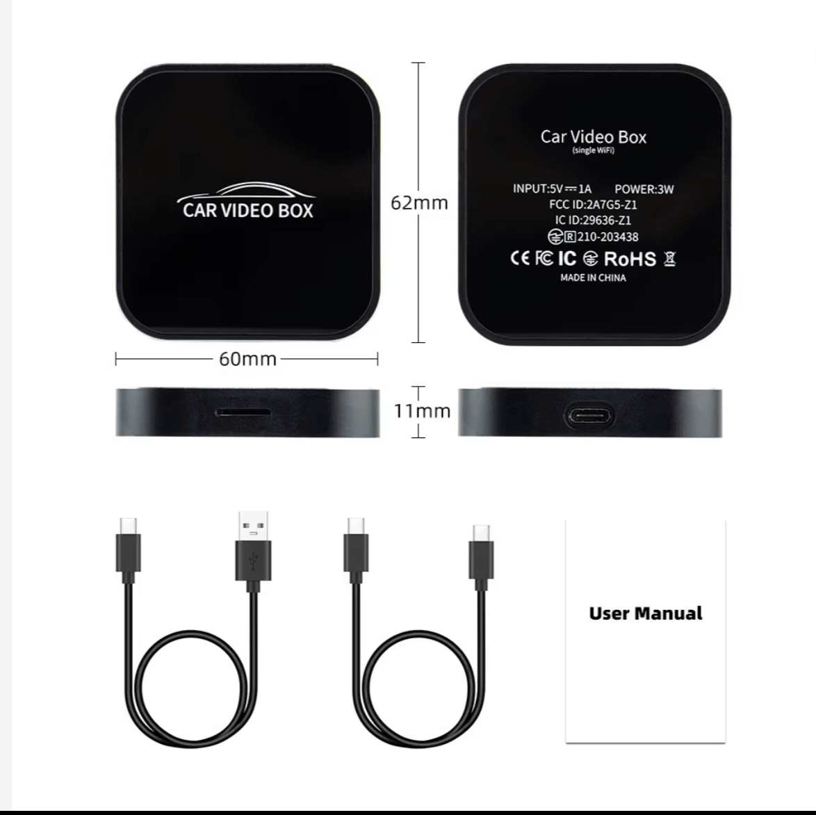 Car Video Box inalámbrico, adaptador multimedia negro, medidas 62x60x11mm, incluye cables y manual.