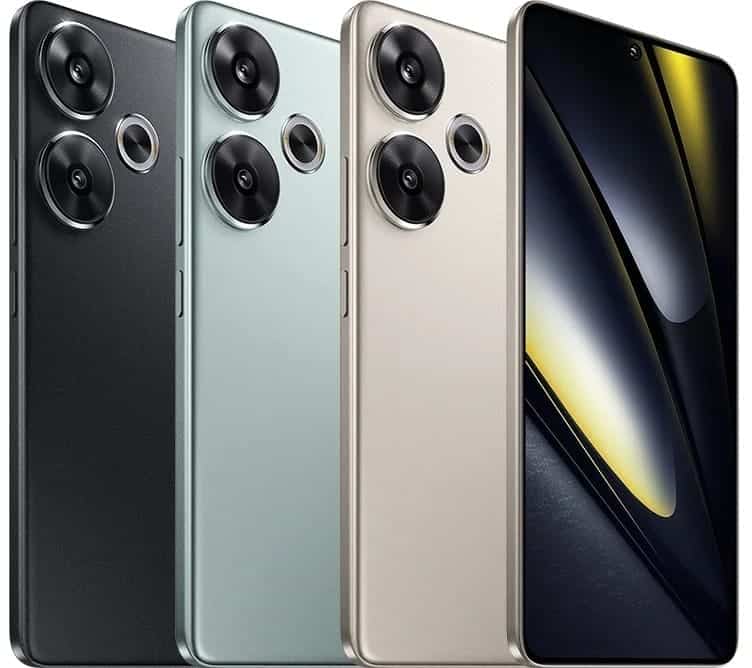 Alt Tag: Celular  Xiaomi Poco  F6 / 512Gb  12Gb  5G en colores, vista frontal y trasera con triple cámara y pantalla AMOLED 6.67" 120Hz