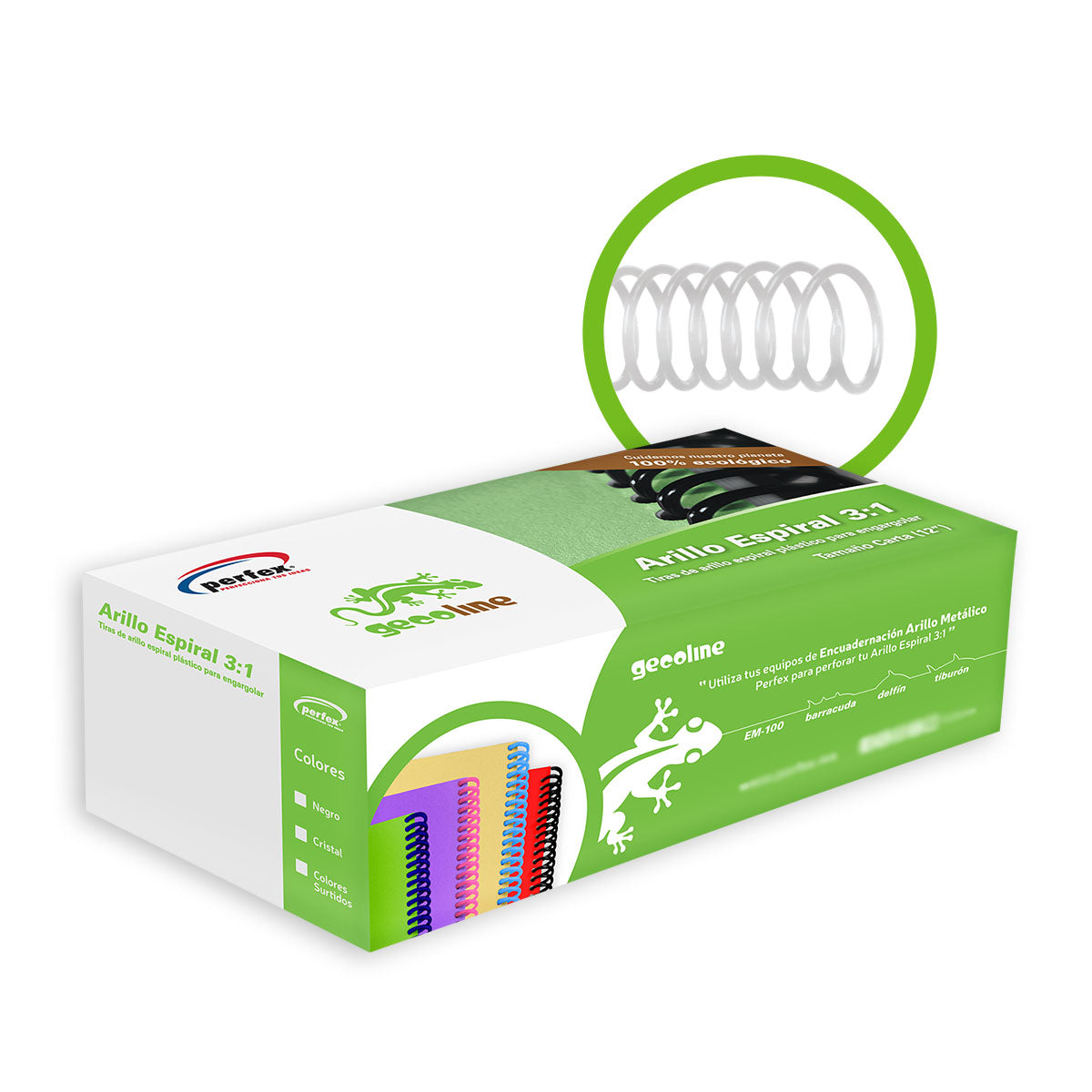 Perfex Arillo Metalico Paso 3:1 1/2'' #8 (P/105 Hjs 38 Und) 112115080 - caja verde con arillo espiral metálico y muestra del producto