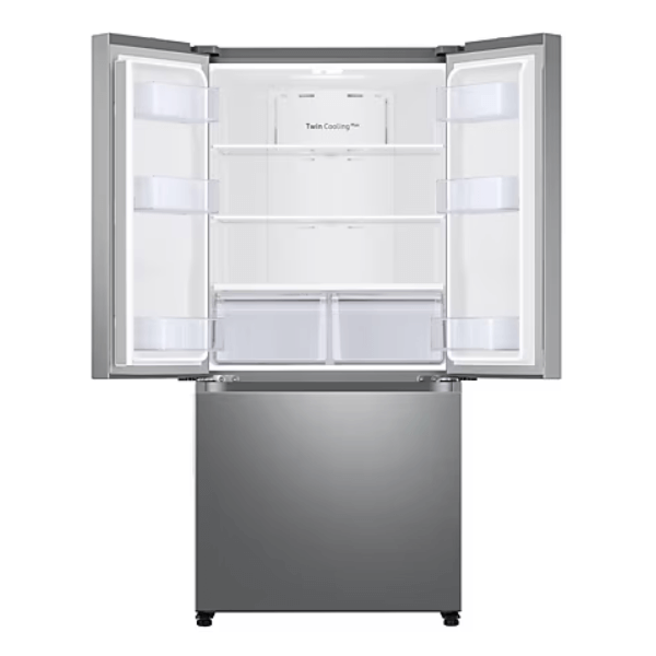 Interior del refrigerador Samsung French Door 17.5 pies en color gris, organizado y espacioso.