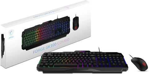 Teclado y mouse gaming MSI GK100 combo, iluminación RGB y diseño moderno para gamers.