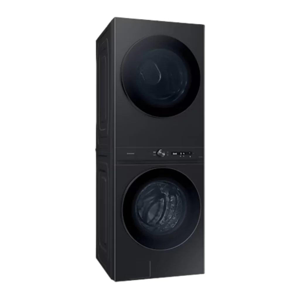 Centro de Lavado a Gas SAMSUNG Bespoke 22 Kg, WH22DBH570PVAP - unidad apilada negra con panel de control central y puertas frontales redondas