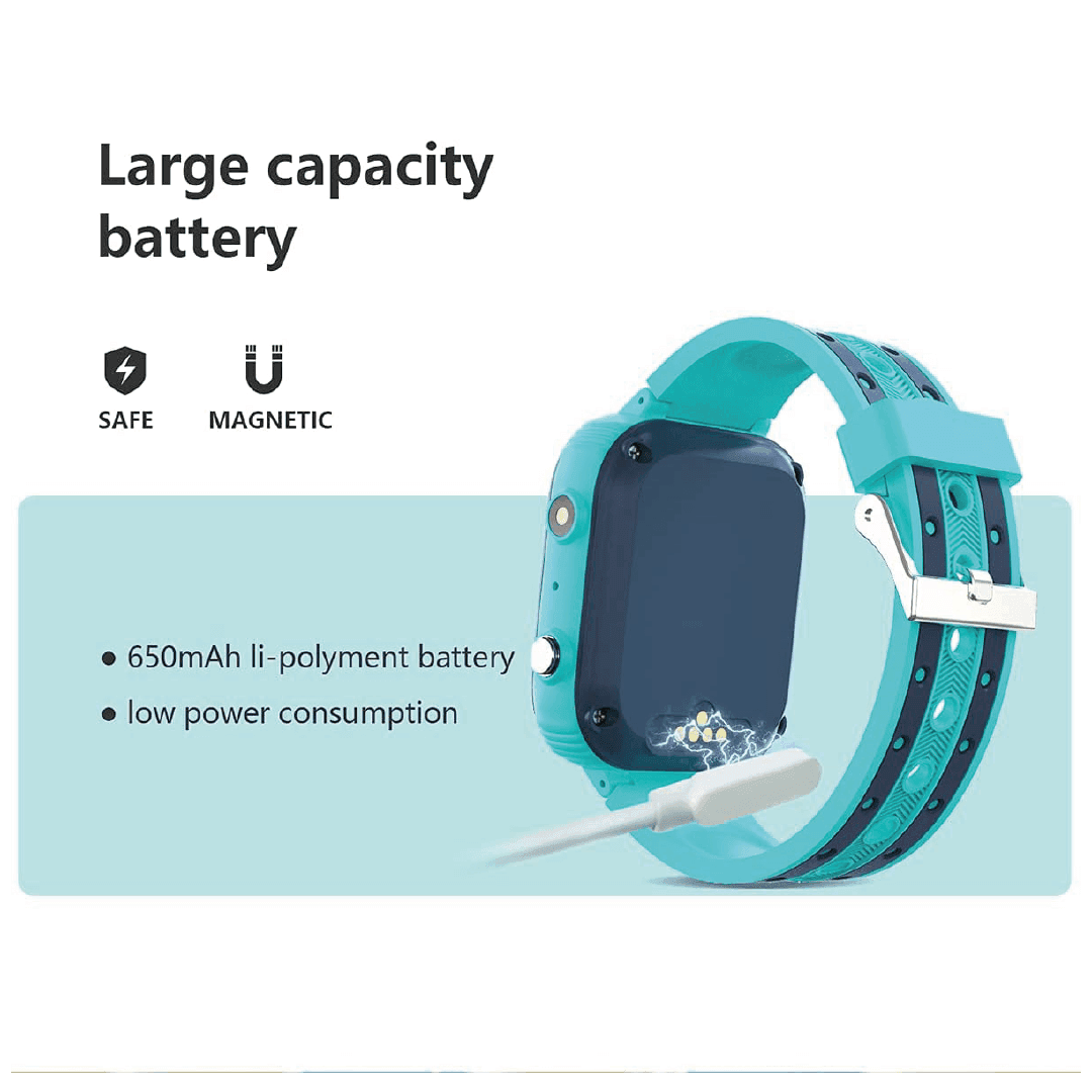 Reloj inteligente para niños LT21 4G con Wifi y GPS, mostrando batería de 650mAh con bajo consumo de energía.