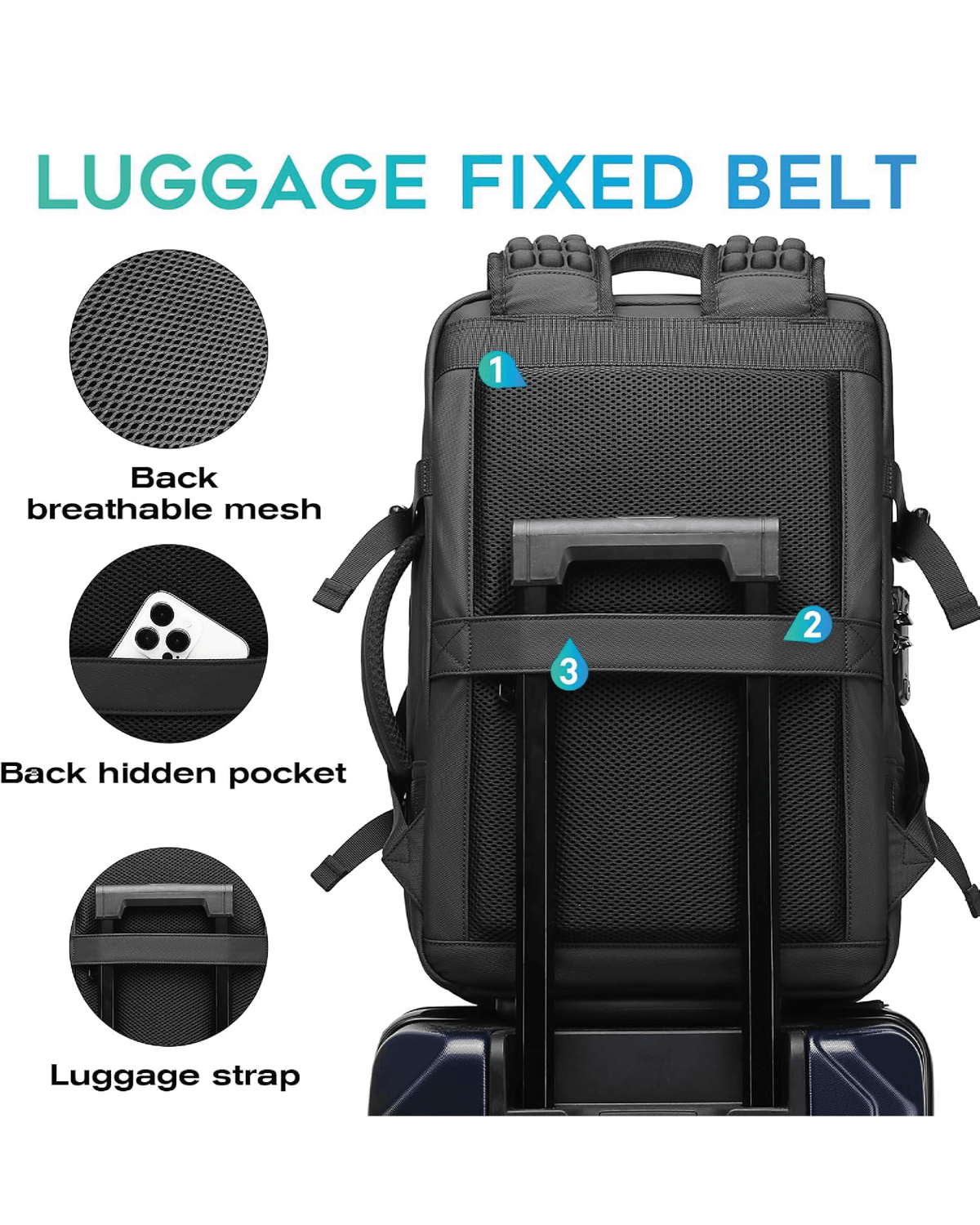 Mochila viajera antirrobo BANGE con malla transpirable y cinturón de equipaje para viajes cómodos.