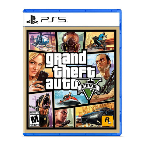 Carátula del juego PS5 Grand Theft Auto V con personajes y escenas icónicas del juego en gráficos mejorados para PlayStation 5.
