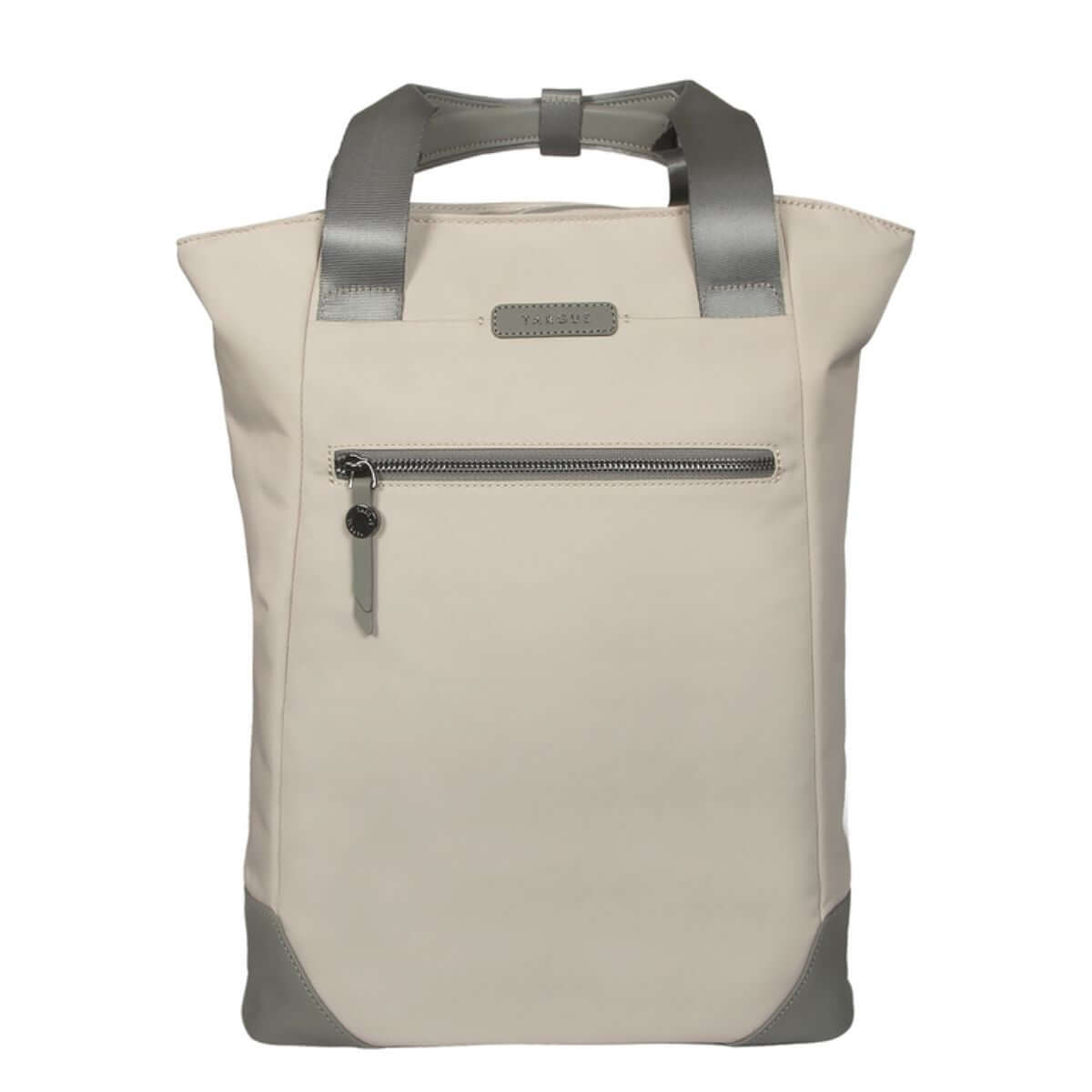 Mochila convertible para portátil Targus beige, diseño elegante con asas grises y bolsillo frontal.