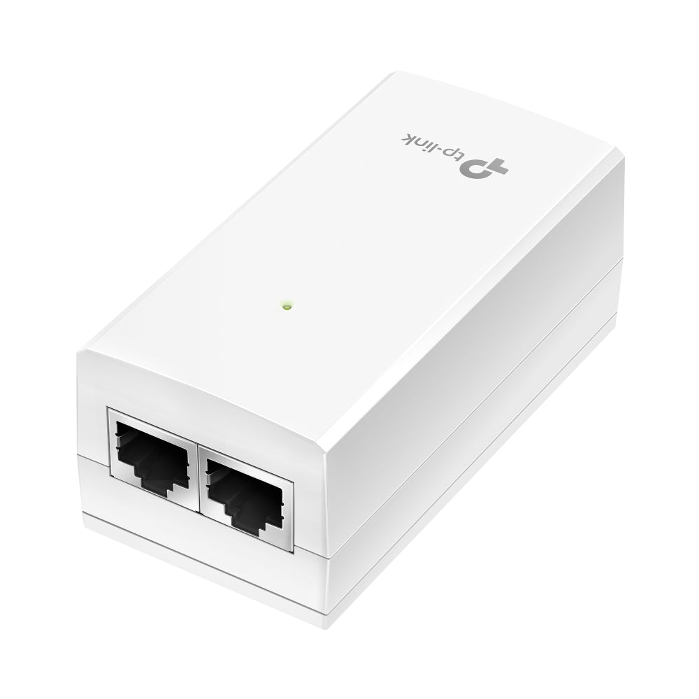 Tp-Link Adaptador Poe Pasivo 24V - Poe2412G blanco con dos puertos RJ45 y indicador LED, vista en ángulo