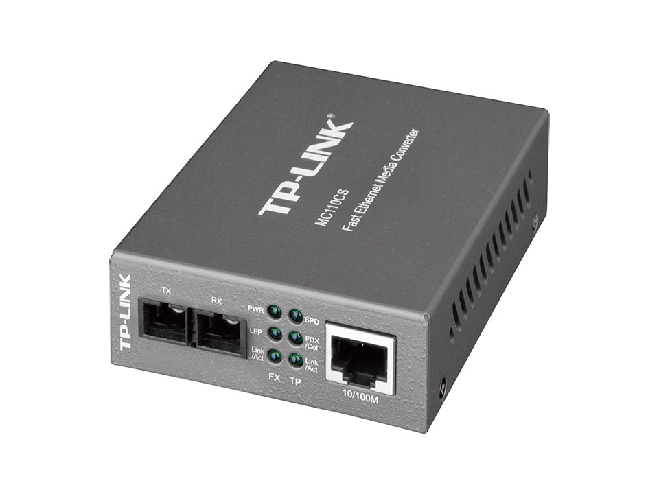 Tp-Link Conversor De Medios Monomodo A 10/100 Mbps - Mc110Cs gris vista frontal con puertos fibra y Ethernet