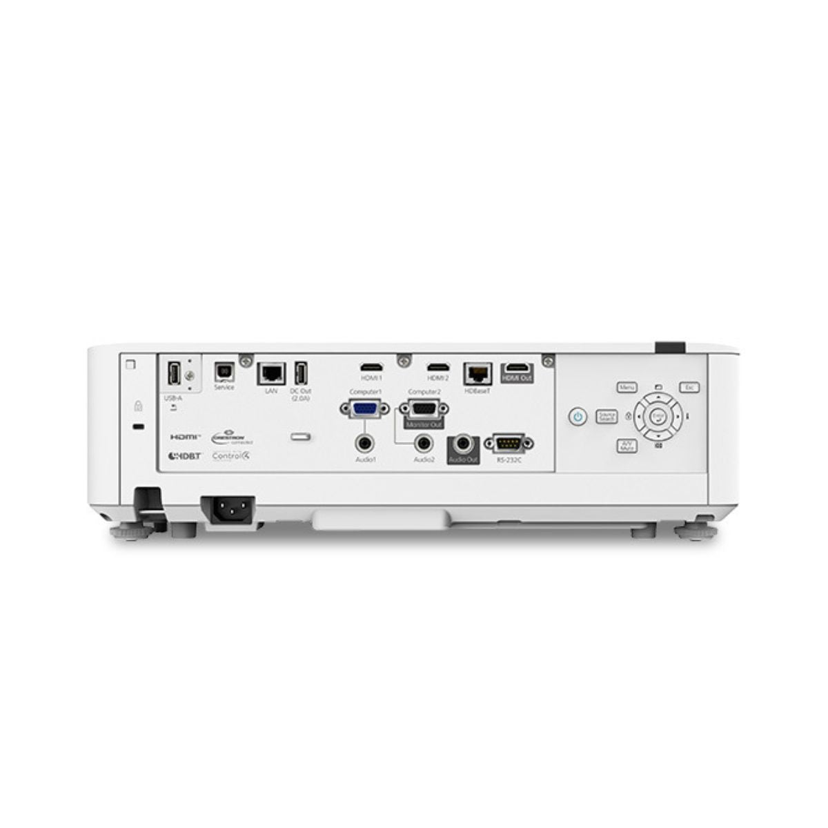 Vista trasera del Epson proyector láser de tiro largo PowerLite® L530U Full HD V11HA27020 con conectividad.