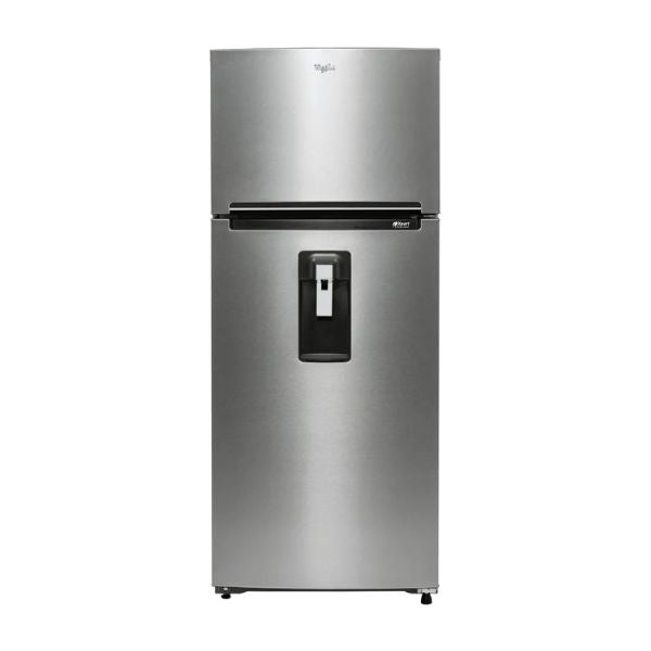 refrigerador Whirlpool 18 pies acero inoxidable con dispensador de agua, modelo WT1865A, eficiente y acabado antihuellas.