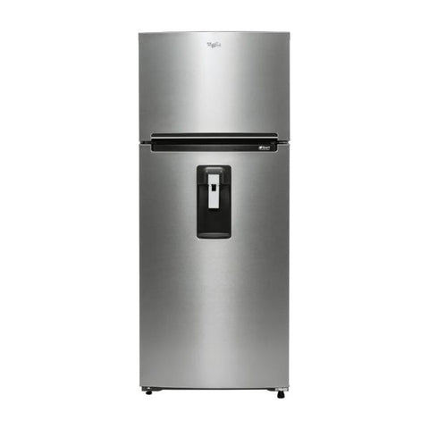 refrigerador Whirlpool 18 pies acero inoxidable con dispensador de agua, modelo WT1865A, eficiente y acabado antihuellas.