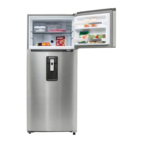 Refrigerador Whirlpool 18 pies acero inoxidable con puerta abierta mostrando compartimentos y dispensador de agua.