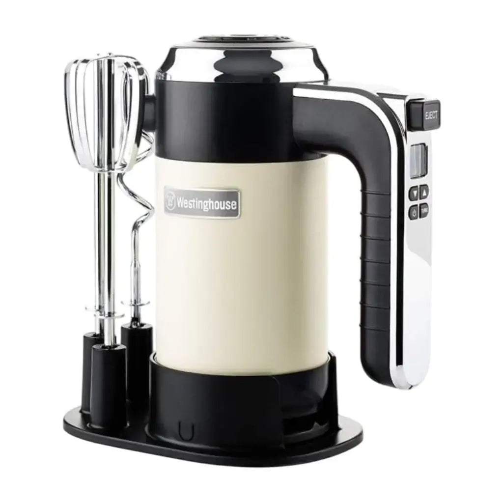 Batidora de mano retro Westinghouse color champam con 6 velocidades y mango ergonómico para fácil manejo.