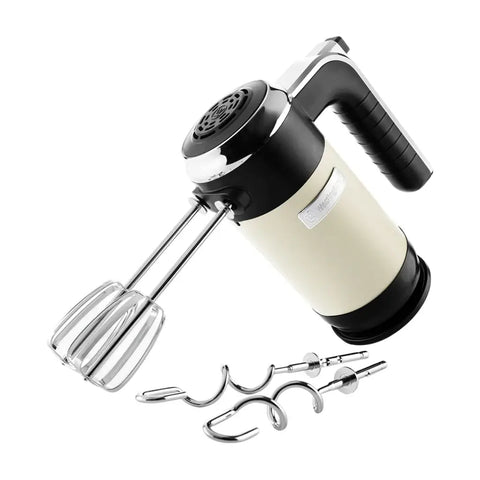 Batidora de mano retro Westinghouse color champam con accesorios y diseño ergonómico.