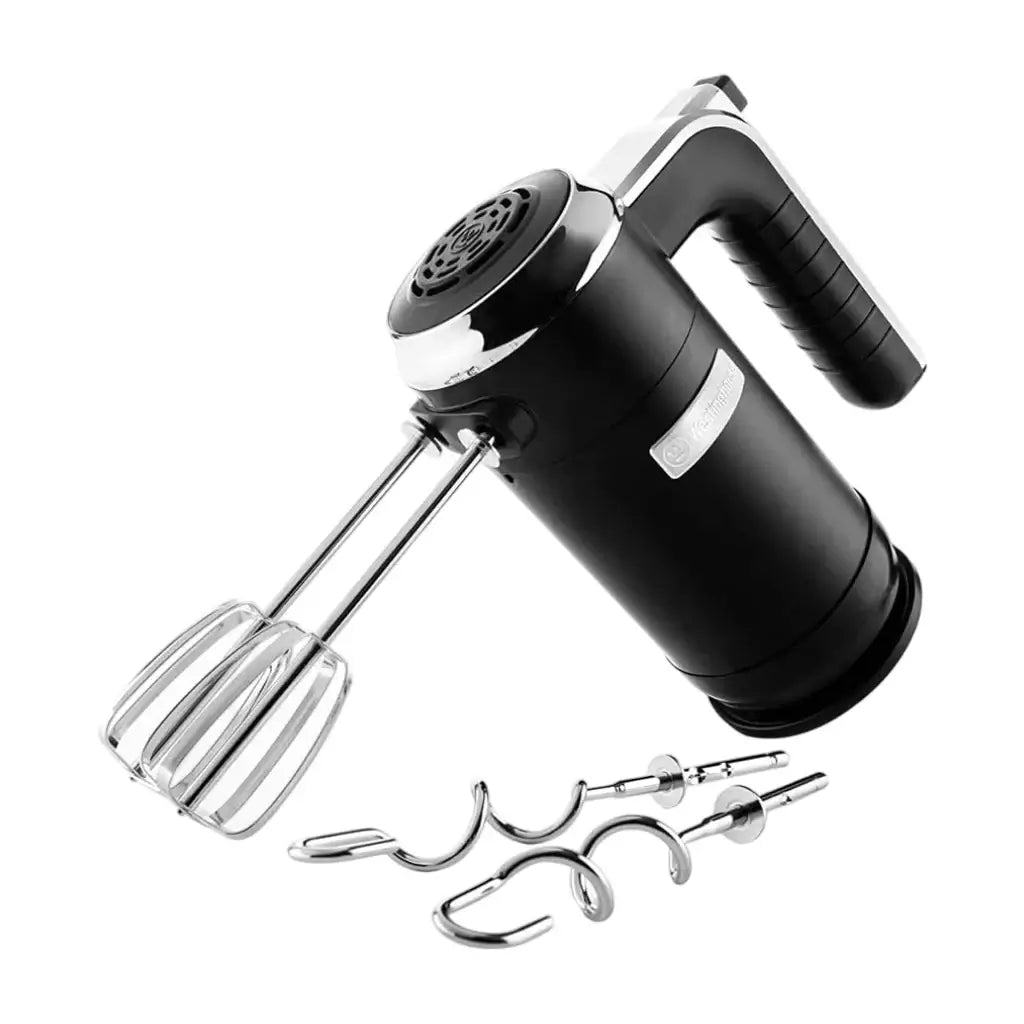 Batidora de mano retro Westinghouse negra con accesorios, diseño elegante y funcional.