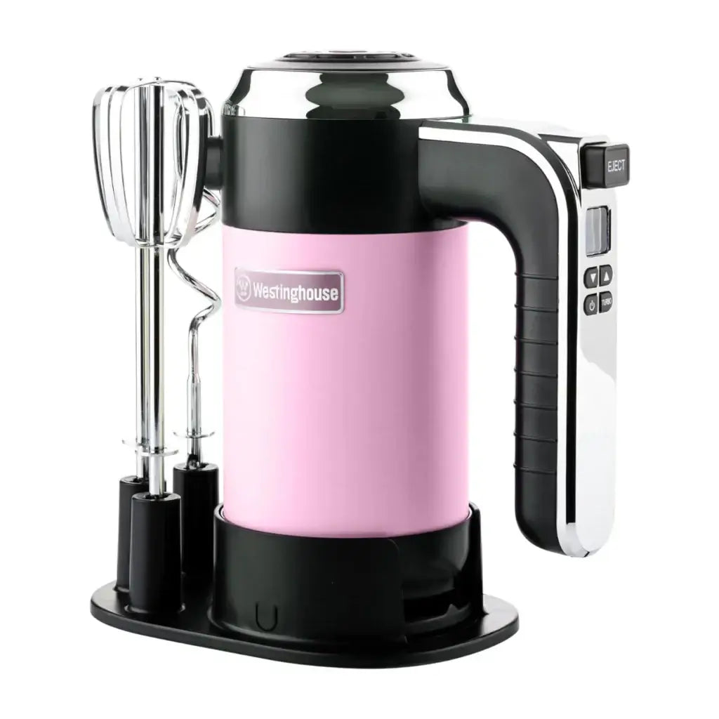 Batidora de mano retro Westinghouse color champan con accesorios y diseño ergonómico.