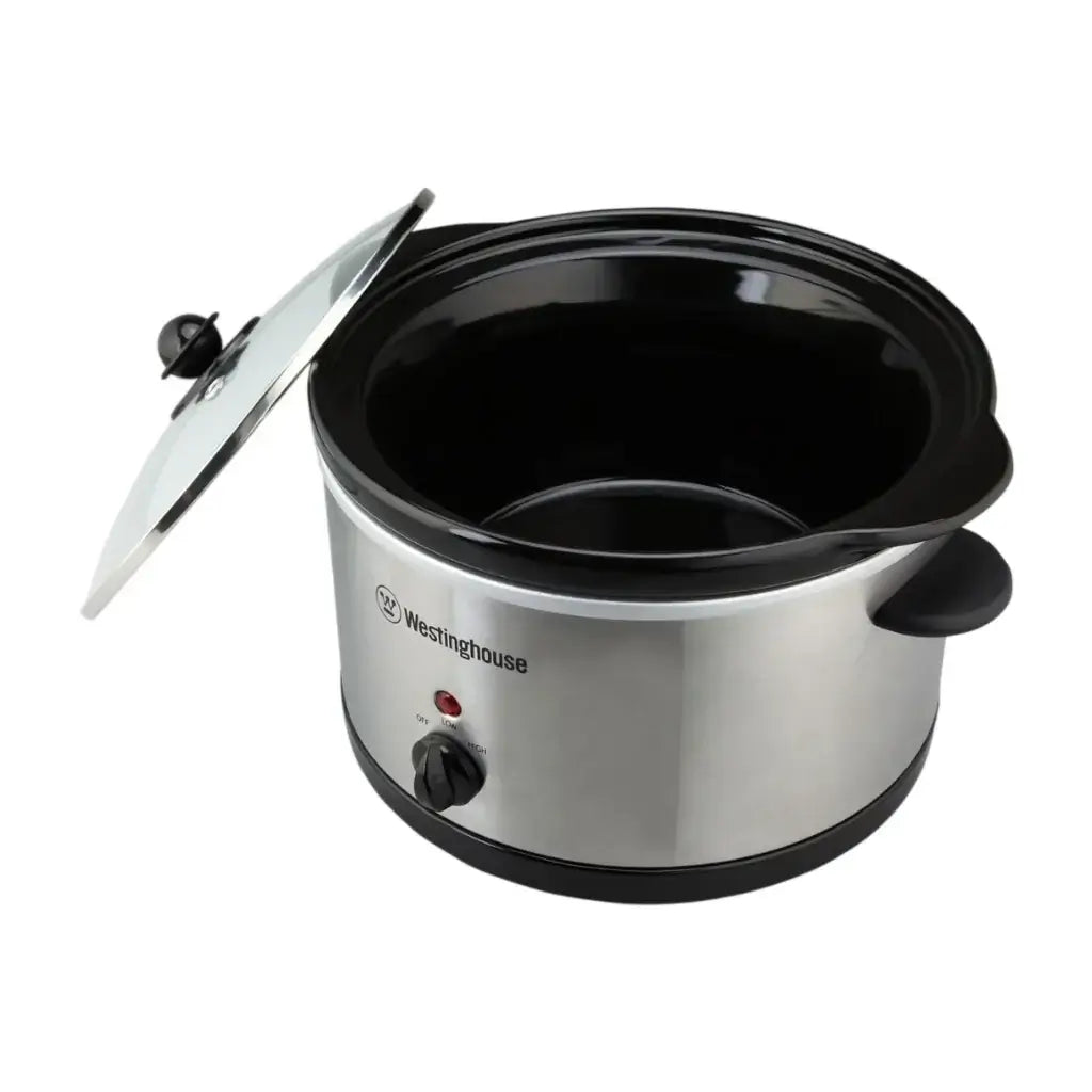 Olla de cocción lenta Westinghouse gris de acero inoxidable con tapa de vidrio y control de temperatura.